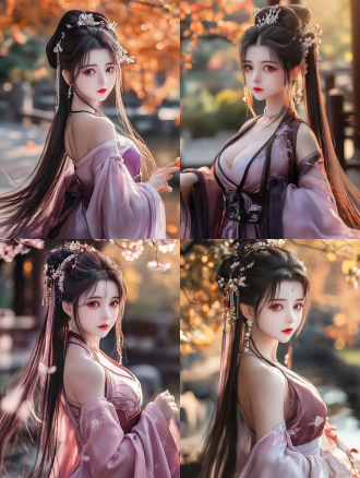 20岁可爱国风少女，汉服裙玉发钗，花园远景，三分构图，暖光，长焦镜头，自然姿态，清新色彩，柔美氛围，8k画质。