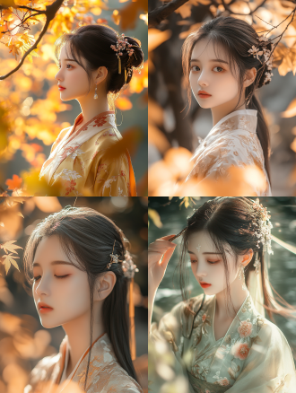 20岁可爱国风少女着汉服戴发钗于花园树叶间，远景构图，8k画质，暖光，清新色，灵动姿态，仙气氛围。