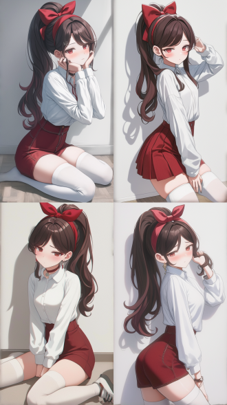 二次元风格插画，绘制一位棕色长发扎高马尾的少女，头戴红色蝴蝶结发带，身着白色衬衫与红色背带短裙，搭配白色小短袜，画面细节精致，光影处理细腻，背景为简洁浅色调。