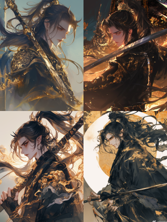 黑色长发，高马尾，男生，黑色劲装，古风，白色内衬，金色云纹，手持佩剑，神情冷漠，冰冷危险，侧脸 点彩派 半身 黑金 冷光 古代中式 角色设计 汉服 武侠 古剑 恶魔眼 耳后发 黑发