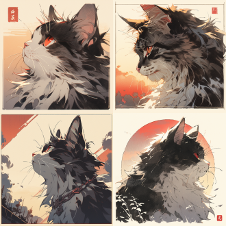 福瑞，物种黑白色的猫，面部特写，悠闲自在，看镜头，红色眼睛，黑白色短发，头像，高领，色调温馨，柔和，低饱和度，低亮度，逆光，背景晚霞，侧脸。 日本版画 干净背景 极限特写 头部特写 黑白 耳机