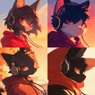 福瑞，物种黑白色的猫，面部特写，悠闲自在，看镜头，红色眼睛，黑白色短发，头像，暗红色卫衣，色调温馨，柔和，低饱和度，低亮度，逆光，背景晚霞。 干净背景 极限特写 头部特写 黑白 耳机 维多利亚