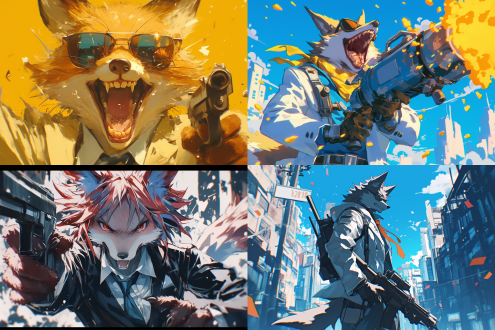 福瑞，物种狐狸，笔触尖锐，疯狂，背景爆炸，手拿tnt，红色眼睛，白色西装，优雅的疯子，低饱和，暖色调，背光 动画艺术 废弃城市群 腰部以上 仰视视角 兴奋 疯狂 恶魔笑 短发 红发 太阳镜