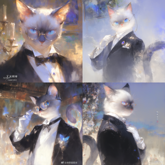 暹罗猫福瑞，是贵族管家，微笑，单边金丝眼镜，黑色西装，白色手套，高贵专业，优雅动作，柔和氛围，低饱和度，藏色丰富 七分身 并列构图 北欧建筑 参考表 短发 耳前发 交错刘海 灰发 粉彩