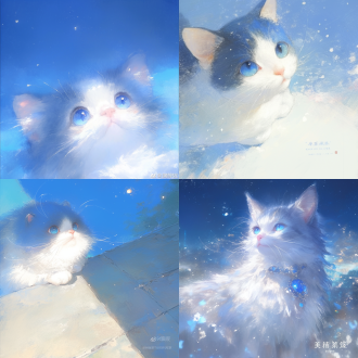 黑白色猫头，大头，可爱，帅气，看镜头，低饱和度，笔触柔和，朦胧质感，正脸坏笑，蓝色系 极限特写 头部特写 俯视 非对称构图 天空蓝 水晶蓝 异色瞳