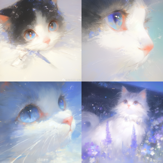 黑白色猫头，大头，可爱，帅气，看镜头，低饱和度，笔触柔和，朦胧质感，正脸坏笑，紫色系 极限特写 头部特写 俯视 非对称构图 异色瞳 紫罗兰 白紫