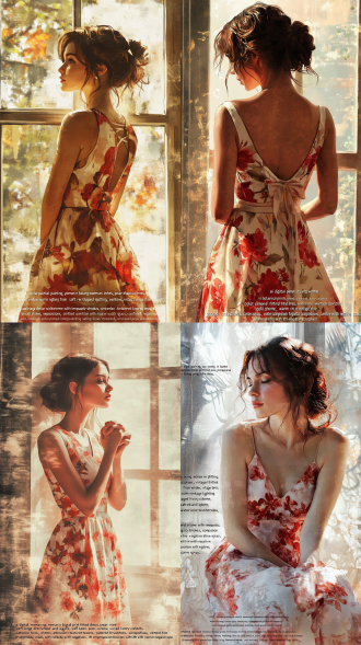 "ai digital painting, young woman in botanical print fitted dress, pear-shaped figure, soft lighting from window, vintage decor elements, warm red and ivory color scheme, watercolor texture with impasto brushstrokes, centered composition with negative space, subtle bokeh effect, aifashion figureart interiordesign"