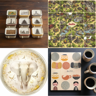 珐琅冰箱贴，桂林地标如象鼻山、日月双塔，嫩黄淡绿配金银，写英文“桂林”，居中构图，白色背景，微距镜头，顶光，高饱和。