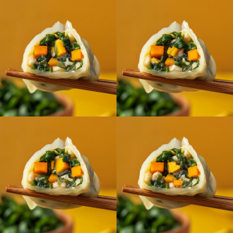 筷子夹带汤半截水饺子横截面，馅料含万年青、大豆蛋白、胡萝卜丁，暖背景有完整食材，三分法，微距，侧光，鲜绿暖黄，诱人。