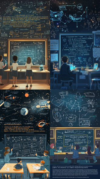 「重力失控的教室场景」，黑板变成可画编辑界面，粉笔字自动生成矢量图形，课桌漂浮重组为设计工作站。穿校服的学生用ar眼镜将草稿投射到星空，教师用激光教鞭圈选知识点瞬间转成信息图表，窗外无人机吊着自媒体人的直播手机拍摄创作过程。所有元素被包裹在涂鸦风格的漫画分镜框内，框线由可画logo极简符号（c形彩虹）重复构成。用高饱和孟菲斯配色，标语做成黑板报粉笔画效果