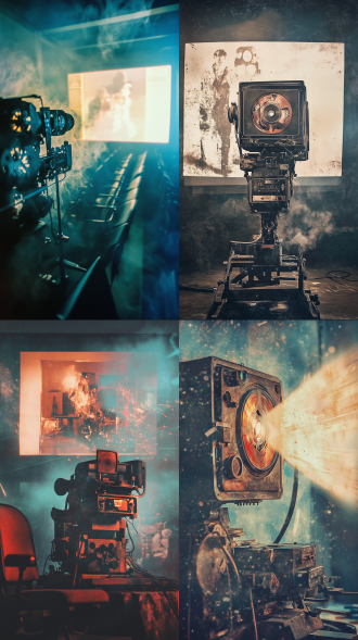 老电影胶片朋克风电影院，多重曝光，银幕播梦境，改造放映机，座椅机械臂重组ui，碎帧映创作，胶片齿孔标语，冷色调，超广角，顶光。