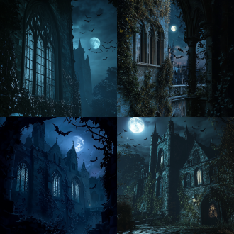 巍峨古堡夜色中，月光洒，藤蔓爬墙，窗透微光，蝙蝠飞，哥特风，3d立体，黑夜背景，侧逆光，静谧神秘。