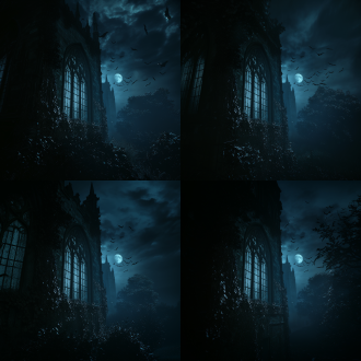 巍峨古堡夜色中，月光洒，藤蔓爬墙，窗透微光，蝙蝠飞，哥特风，3d立体，黑夜背景，侧逆光，静谧神秘。
