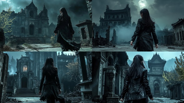 女子末日逃生闯进古堡，三分法构图，暗调哥特风环境，长焦逆光，女子着破衣，惊恐奔跑闯入，危险氛围。