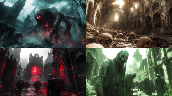 污秽之神信徒在混沌领域跪拜，布满肿包散发腐臭，圣光被吞噬，破败城市背景，超写实，暗黑哥特与战锤40k风，粒子光效，ue5质感，hdr