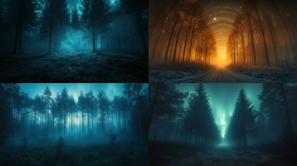 夜晚森林现北极光照亮四周，三分法构图，冷色调，超广角镜头，逆光，长曝光，神秘唯美氛围。