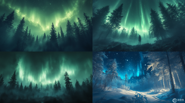 夜晚森林现北极光照亮四周，三分法构图，神秘唯美，森林环境，长焦镜头，冷色调，逆光，慢快门，梦幻氛围。