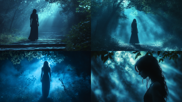 东方美女黑夜穿林，远景构图，暗黑魔幻风，蓝色调，长焦镜头，侧逆光，穿行，神秘氛围。