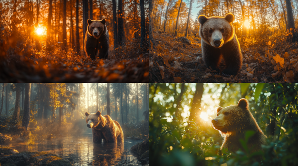 野生动物棕熊在森林，全景构图，广角镜头，逆光，暖色调，画面统一，真实感强，森林环境，自然元素，和谐氛围。
