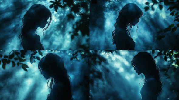 东方美女黑夜穿林，远景构图，暗黑魔幻风，蓝色调，长焦镜头，侧逆光，穿行，神秘氛围。