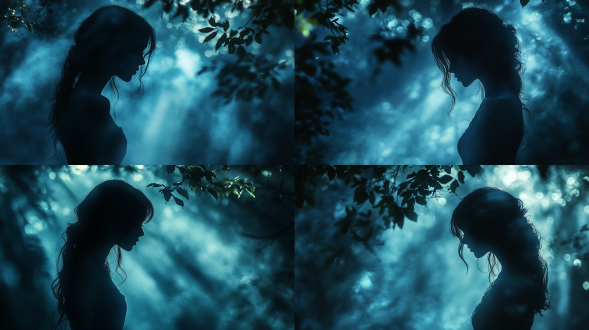 东方美女黑夜穿林，远景构图，暗黑魔幻风，蓝色调，长焦镜头，侧逆光，穿行，神秘氛围。