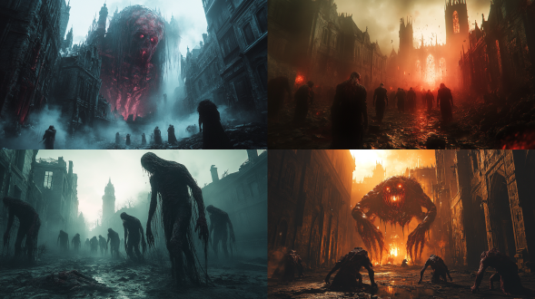 污秽之神信徒在混沌领域伏地，肿胀身躯恶臭，圣光被吞噬，破败城市背景，超写实，暗黑哥特风，粒子光效，ue5质感，hdr。