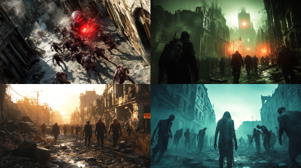 丧尸追幸存者，城市破败，对角线构图，超写实，暗黑哥特风，战锤40k元素，粒子光效，ue5质感，hdr，冷色调，惊悚。