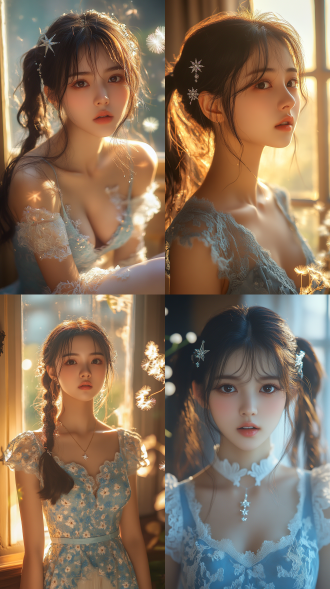 20岁亚洲少女，灵动双马尾、水晶星星发饰，宝蓝蕾丝衣裙配白袜，暖系欧式房，夕阳与蒲公英发光，8k写实，电影光影，全身构图。