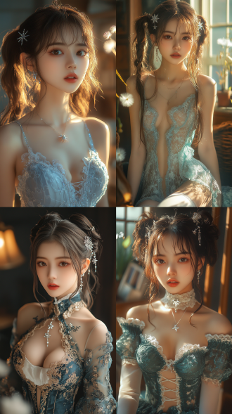 20岁亚洲少女，灵动双马尾、水晶星星发饰，宝蓝蕾丝衣裙配白袜，暖系复古房，夕阳与蒲公英光，8k写实，全身构图，互补色，动态暗示。
