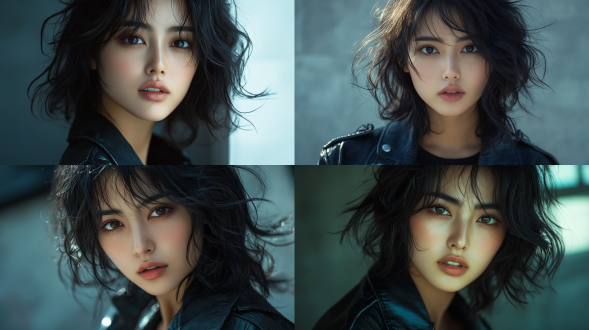 24岁亚洲微卷齐肩长发美女，上半身特写，黑色做旧夹克，眼神锐利坚毅，冷色调，32k高清，真人写实，侧光。