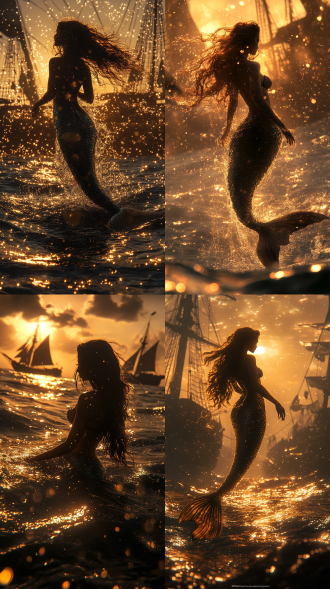 美人鱼破水而出，45°仰拍，暮色加勒比海，船影笼罩，夕阳镀金，光影冷暖对冲，潮湿胶片感，畸变光晕，似《加勒比海盗4》。