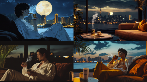 现代青年深夜独处，深咖沙发、古铜烟盒、冰咖啡杯，背景城市与西湖月影，广告语发光，3d与国画风，焦点烟雾，静谧甜润，侧逆光。 天空 海滩 对角线构图 白黄 纪梵希