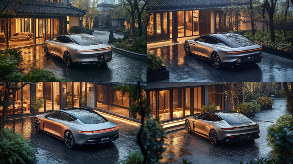 小鹏g7与别墅玻璃幕墙，俯视视角，车体映倒影，石板路有光带，蕨类点缀，柔焦晨曦，银灰与暖金，超宽屏构图。