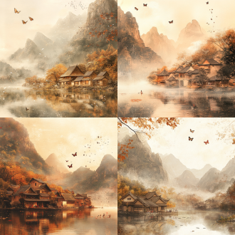 印象风画面，雾中山下茅屋、唐代画家、湖边孩童，蝴蝶点缀，传统现代对比，暖棕调，柔和明暗光，16:9构图，v5。