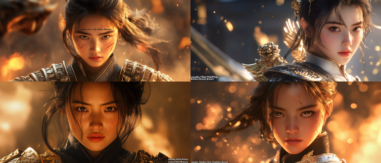 **prompt（v6参数化版）：** epic close-up of mulan in biomechanical armor, dominating 80% frame space, **armor system**: - chestplate: interlocked gold scales forming "忠孝勇" chinese characters - shoulder guards: dual phoenix wings with feather-blade texture - waist: black jade belt with decaying golden tiger heads **energy dynamics**: - hair transforms into swirling ink containing battlefield scenes - backlight projects great wall silhouette through armor gaps **material science**: - primary gold: #ffdf00 with carbon fiber underlay - secondary black: nano-void absorption texture - oxidation pattern: fibonacci-based corrosion algorithm **cultural imprint**: - 12 golden acupuncture points along meridians - left iris shows weaving loom, right iris reflects cavalry charge **cinematic specs**: volumetric smoke in armor crevices, isometric warrior stance with sword-wielding dynamics, hyper-detailed 32k, monochromatic gold/black with 0.3% emergency cyan accent