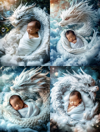 这是一张高分辨率、经过数字处理的图片，结合了幻想和现实主义。图片中心，一个宁静的中国婴儿0-3个月，被在精致的白色布料中，安详地躺在一条白色龙的后背上。这条龙有着复杂的鳞片和长长的弯曲的身体，装饰着大型的羽毛状的翅膀，部分展开，营造出飞行的感觉。龙的眼睛睁着，增添了宁静的氛围。 婴儿闭着眼睛，表情安详紧紧地被包裹在布料中，布料有一种微妙、空灵的光芒。他们周围是一个神奇、空灵的世界，有蓬松的云朵、柔和、半透明的气泡和精致的白色花朵。背景是柔和、梦幻的蓝色和紫色，点缀着绿色，暗示着一个神秘的或花园。光线柔和而扩散，营造出一种温和、梦幻般的气氛。 图片中的纹理丰富而详细，从婴儿包裹的柔软布到龙的粗糙鳞片表面。整体氛围是一种宁静和幻想，将新生儿的纯真与龙的神秘优雅结合在一起。
