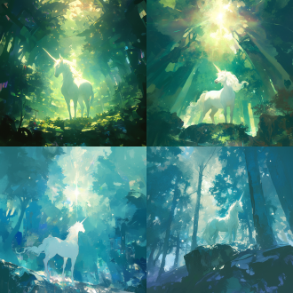 闪白光独角兽在碧绿光林地眺望远方，艺术梦幻风，超广角，居中构图，冷色调，逆光，宁静深邃，作头像表纯净灵魂。