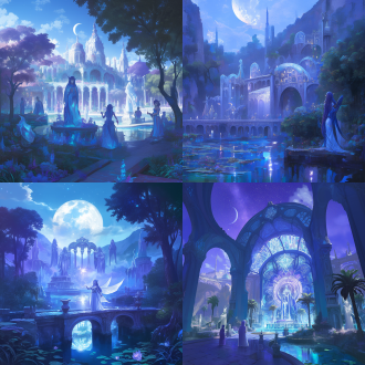 月光沐浴下，蓝绿紫色调林地，湖水边精灵的城市，紫白色调月亮旗帜，白色石制柱廊建筑神圣皎洁，门上正中有月亮标志，可见捧有器皿的白色女神雕塑，器皿中向下流淌着纯净的水，风格简约典雅，优雅大方，与自然映衬和谐，仿佛梦幻童话，廊桥飞跃水面。白色长袍的精灵少女，圣洁柔美，纤细苗条；着装轻便的游侠少女，身背弓箭，敏捷飒爽；精灵男女行走其间。（世界观参考魔兽世界的暗夜精灵）