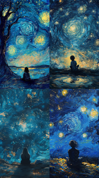 梵高星空图案，居中视角，一个小女孩坐在中间，梦幻氛围，星光闪烁