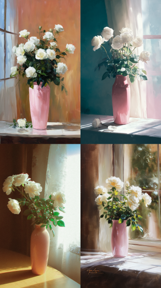 桌上，一束白玫瑰，静静的伫立在粉色的花瓶里，整体写照，一束光从窗户透过照耀在花上，有一种岁月静好的美，浅色系，小清新，美感