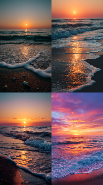 大海，沙滩，落日，晚霞，海面平静美好，整个画面色彩绚丽，摄影，8k，高清