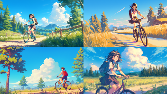 动漫女孩背挎包骑自行车背影，乡间小路松柏小草，三分法布局，超清4k，暖光，长焦镜头，骑行动感，清新色调。