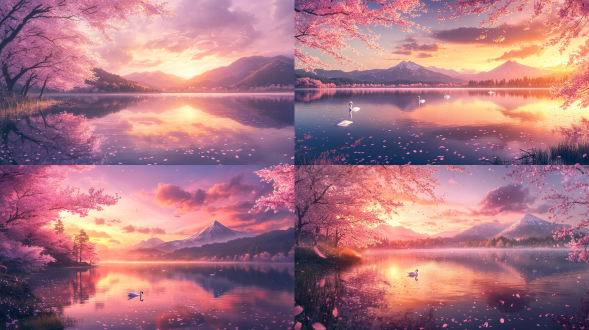镜面湖泊，岸边密集樱花林，倒影形成粉色彩虹。黄昏时分，远山轮廓，天鹅游过倒影区。花瓣漂浮水面，波光纹理，云霞渐变效果。金色夕阳光晕，水面高光闪烁，v 6.0。动漫治愈系，8k超精细