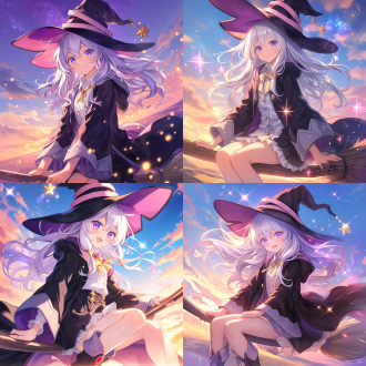 elaina from majo no tabitabi, anime style, silver-purple long wavy hair, violet eyes, black witch hat with gold star ornament, dark robe with white frilled collar, red gem pendant, riding a broomstick over starry sky, magic sparkles, warm sunset colors, studio ghibli-inspired background, soft lighting, intricate details