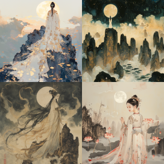 中国神话绝美天仙，白金色云纹丝袍，玉簪黑发，金眸，立于满月山峰，雾绕莲浮，传统水墨，柔粉彩，神秘氛围，8k，9:16