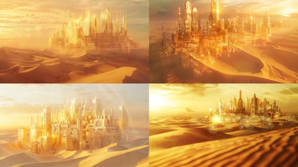 a mirage of an ancient floating city above desert dunes, distorted by heat waves, translucent golden architecture with fractal patterns, soft glow at sunset, realistic photography with lens flare,
