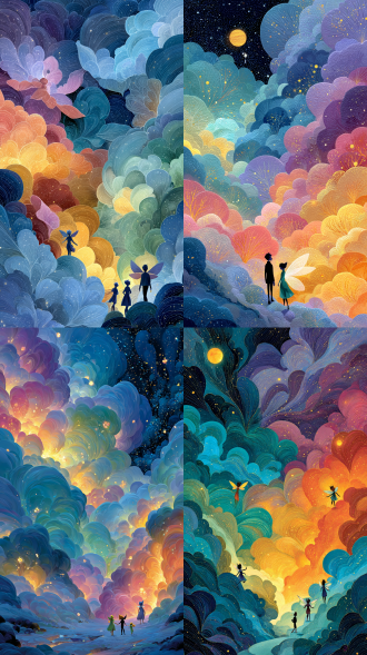 colourful cartoon-style illustration surrounded by ethereal clouds, with abstract swirling patterns of purple, pink, blue, green, red, orange and yellow in the background, and characters dressed as fairies or elves frolicking and playing. the overall palette is whimsical and dreamy, with soft lighting creating soft shadows in the colours