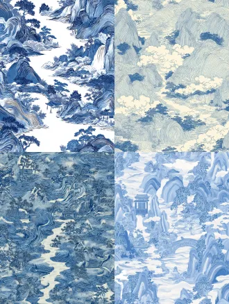 蓝白图案背景，以中国画风格抽象描绘山水和一座瀑布，场景包括路径顶部的起伏波浪或曲线，创造了深度和透视感，这种设计融合了传统艺术与现代美学，创造出视觉上引人入胜的构图，细节丰富，高品质