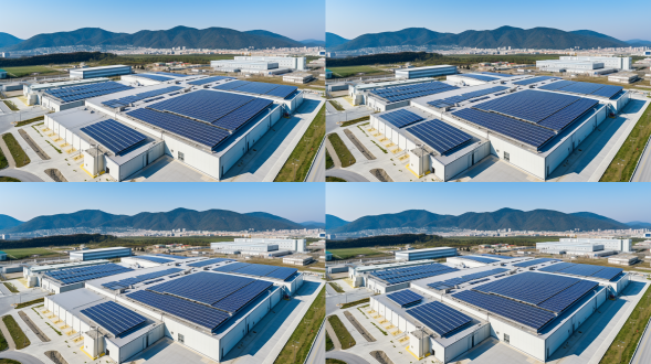side view of two newly built concrete-frame factory buildings, 105m (length) x 135m (width), 1.5m high parapet walls, corrugated steel roofs with 10-degree slope, black solar panels in grid layout, yellow safety walkways and rectangular skylights on roof, southern entrance gate with two smaller auxiliary buildings (each 15m x 20m) on sides, solar carports covering parking spaces (5 cars visible), workers (1.7m tall) walking near trucks (8m long), summer clear blue sky, ultra-realistic industrial architecture, photorealistic 8k,