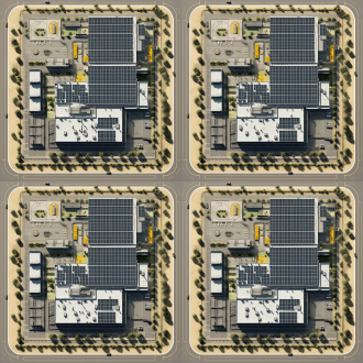 orthographic top-down view of an industrial complex, two concrete-frame factories (105m x 135m) with black solar arrays on corrugated roofs, 1.5m parapet walls visible, yellow roof walkways forming grid lines, skylights aligned symmetrically, southern main gate with two small satellite buildings (15m x 20m) and dual solar carports (fit 10 cars total), asphalt roads with parking lines, summer sunlight casting 45-degree shadows, photorealistic satellite style, scaled accuracy